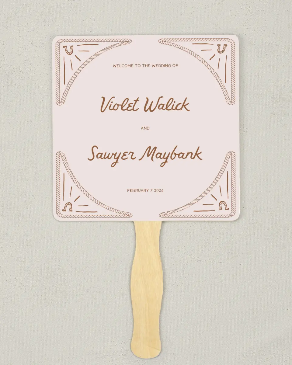 This is a 6¼" x 6¼" Wedding Program Fan called Western Whimsy printed in full color with Gold foil on Luxe Satin (coated) paper