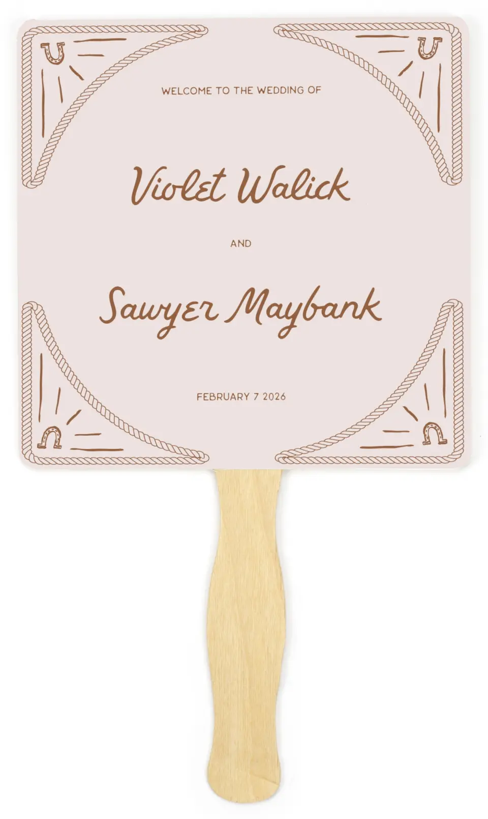 This is a 6¼" x 6¼" Wedding Program Fan called Western Whimsy printed in full color on Premium Smooth paper
