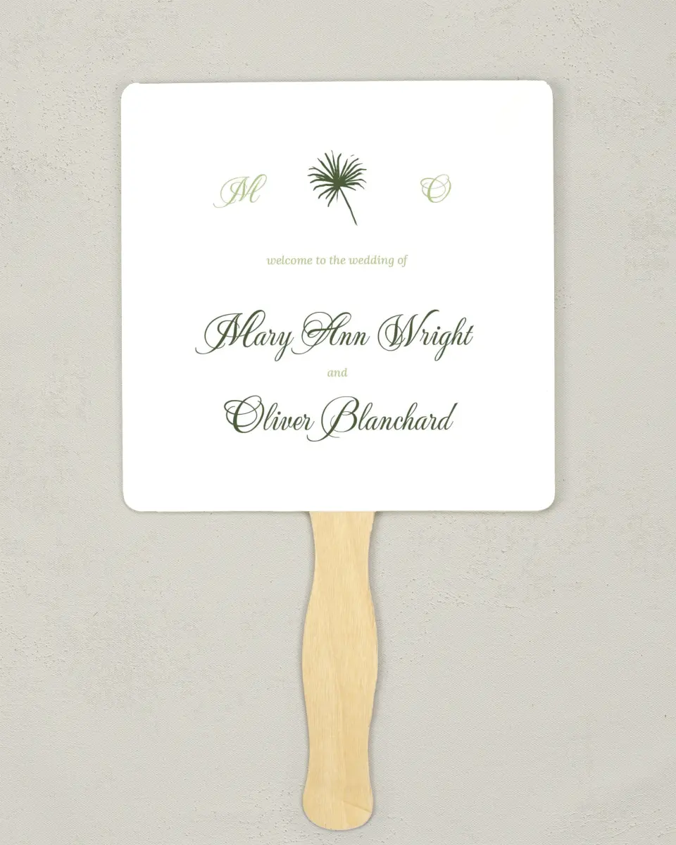 This is a 6¼" x 6¼" Wedding Program Fan called Palm Paradise printed in full color with Silver foil on Luxe Satin (coated) paper