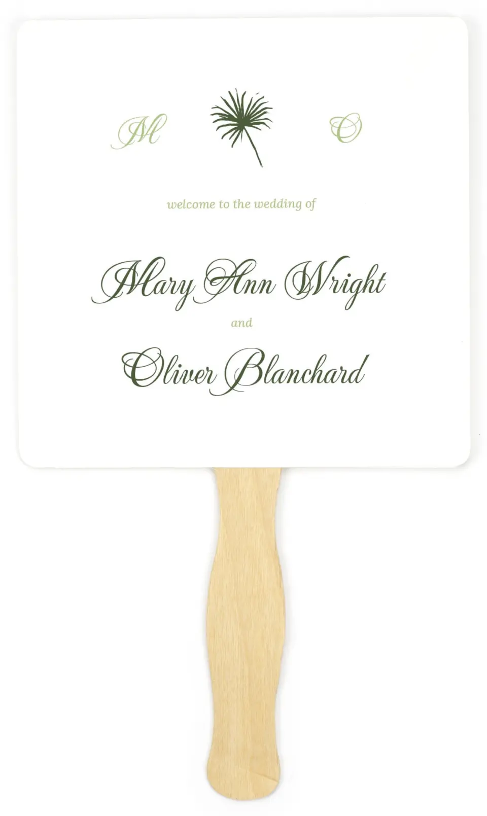This is a 6¼" x 6¼" Wedding Program Fan called Palm Paradise printed in full color on Premium Smooth paper