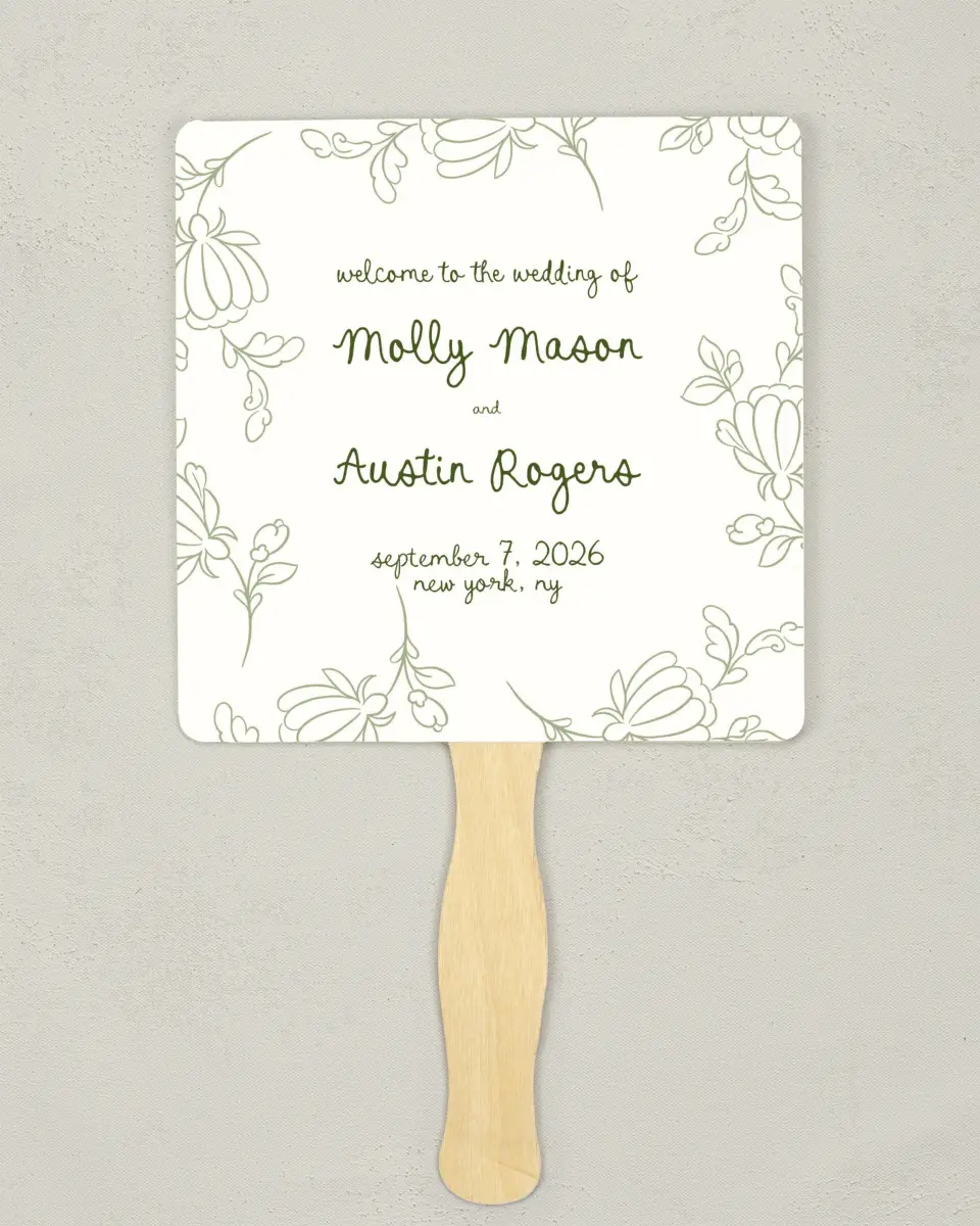 This is a 6¼" x 6¼" Wedding Program Fan called Evergreen Elegance printed in full color on Premium Smooth paper