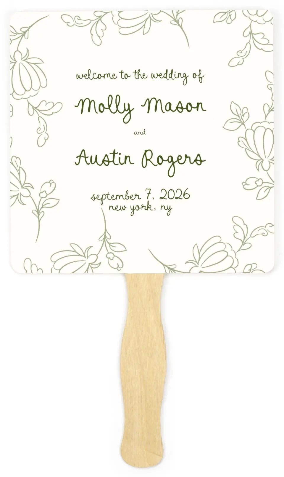 This is a 6¼" x 6¼" Wedding Program Fan called Evergreen Elegance printed in full color on Premium Smooth paper