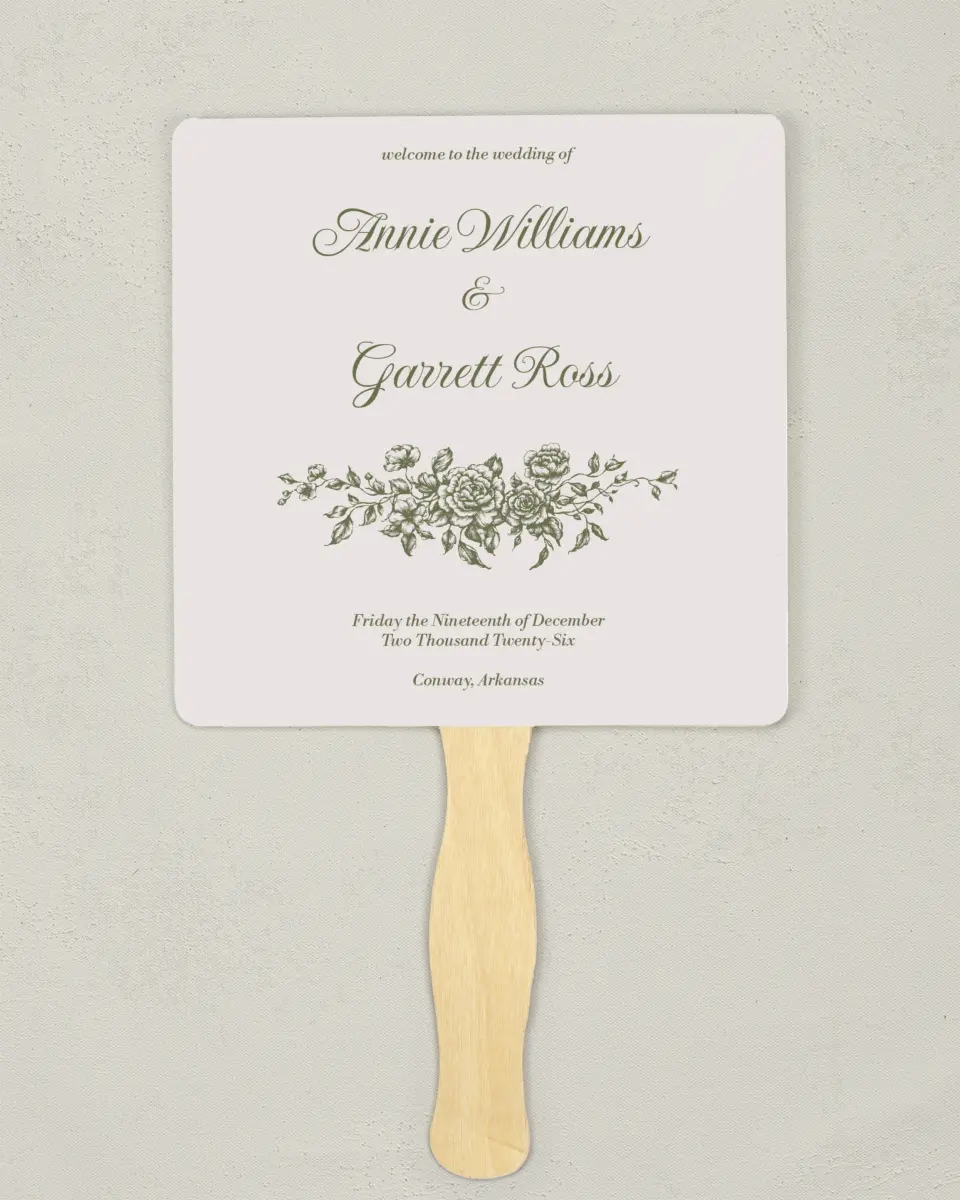 This is a 6¼" x 6¼" Wedding Program Fan called Meadow of Merriment printed in full color with Gold foil on Luxe Satin (coated) paper