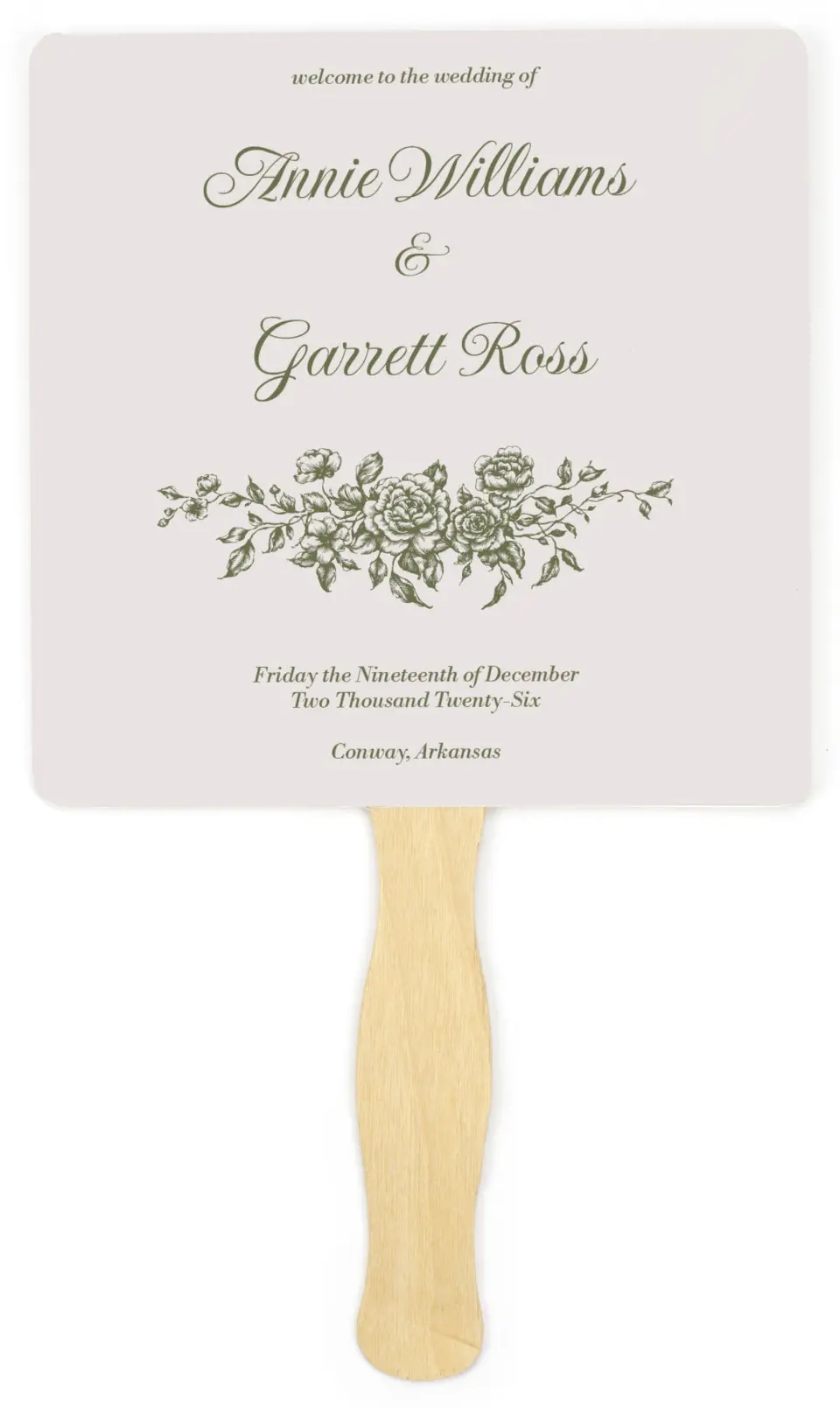 This is a 6¼" x 6¼" Wedding Program Fan called Meadow of Merriment printed in full color on Premium Smooth paper