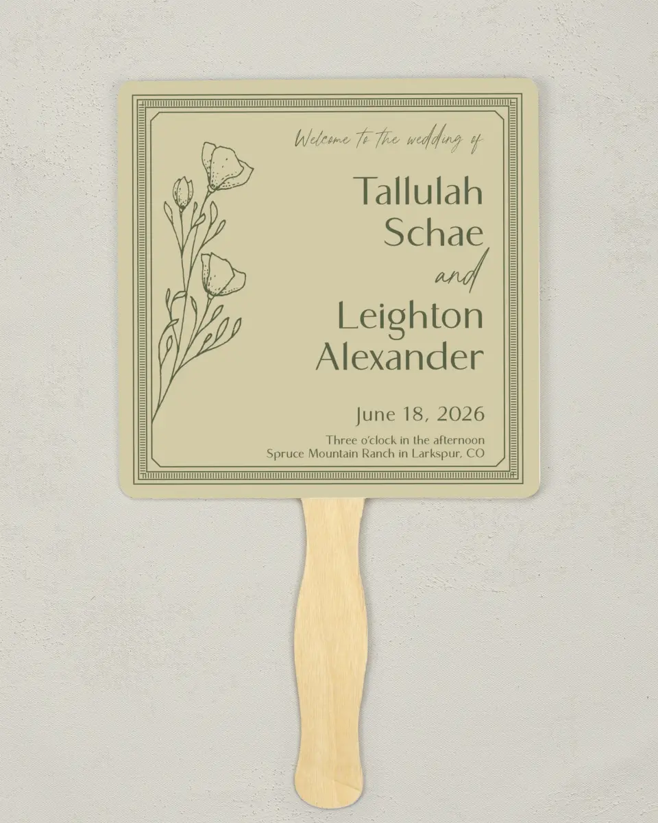 This is a 6¼" x 6¼" Wedding Program Fan called Idyllic Love printed in full color on Premium Smooth paper