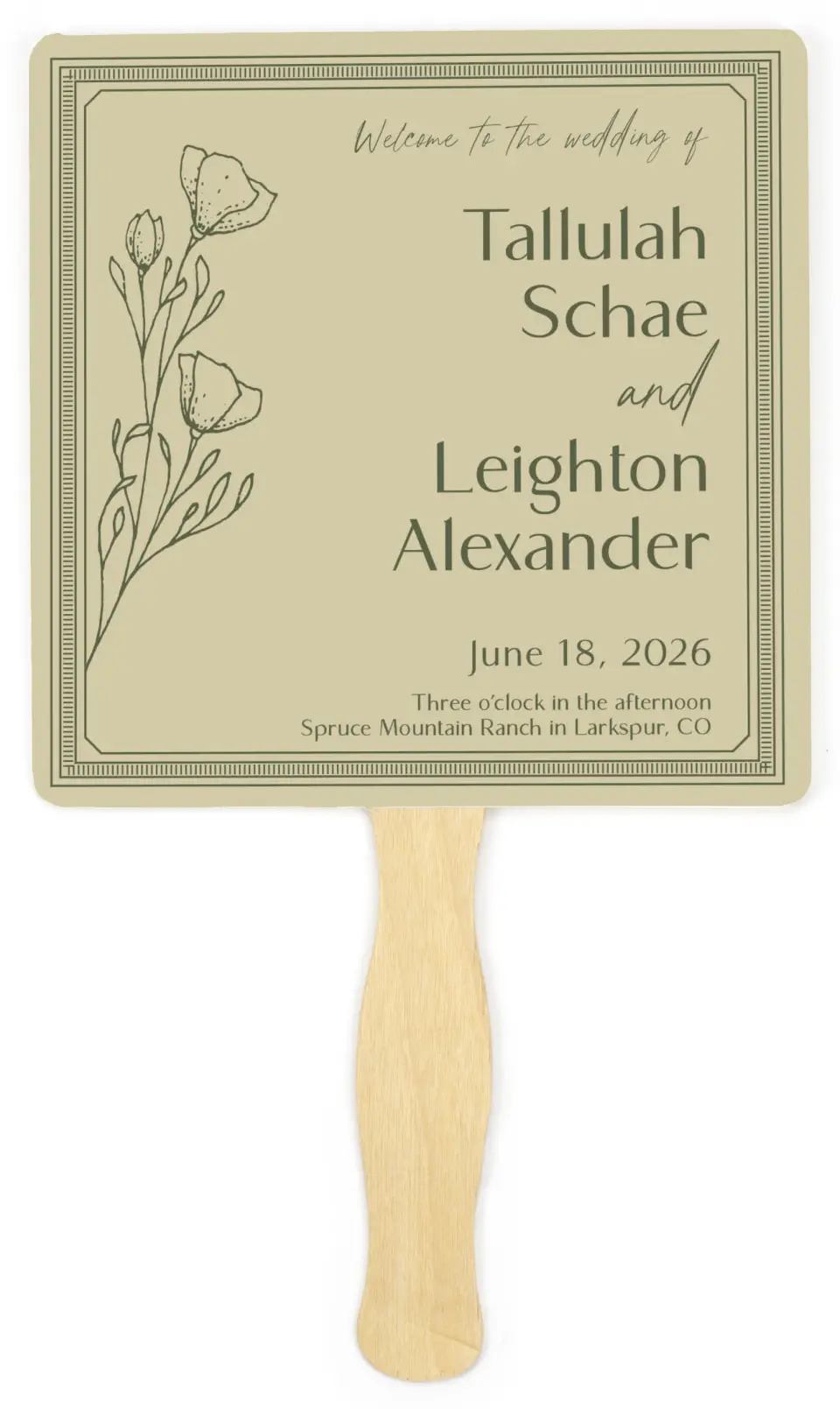 This is a 6¼" x 6¼" Wedding Program Fan called Idyllic Love printed in full color on Premium Smooth paper
