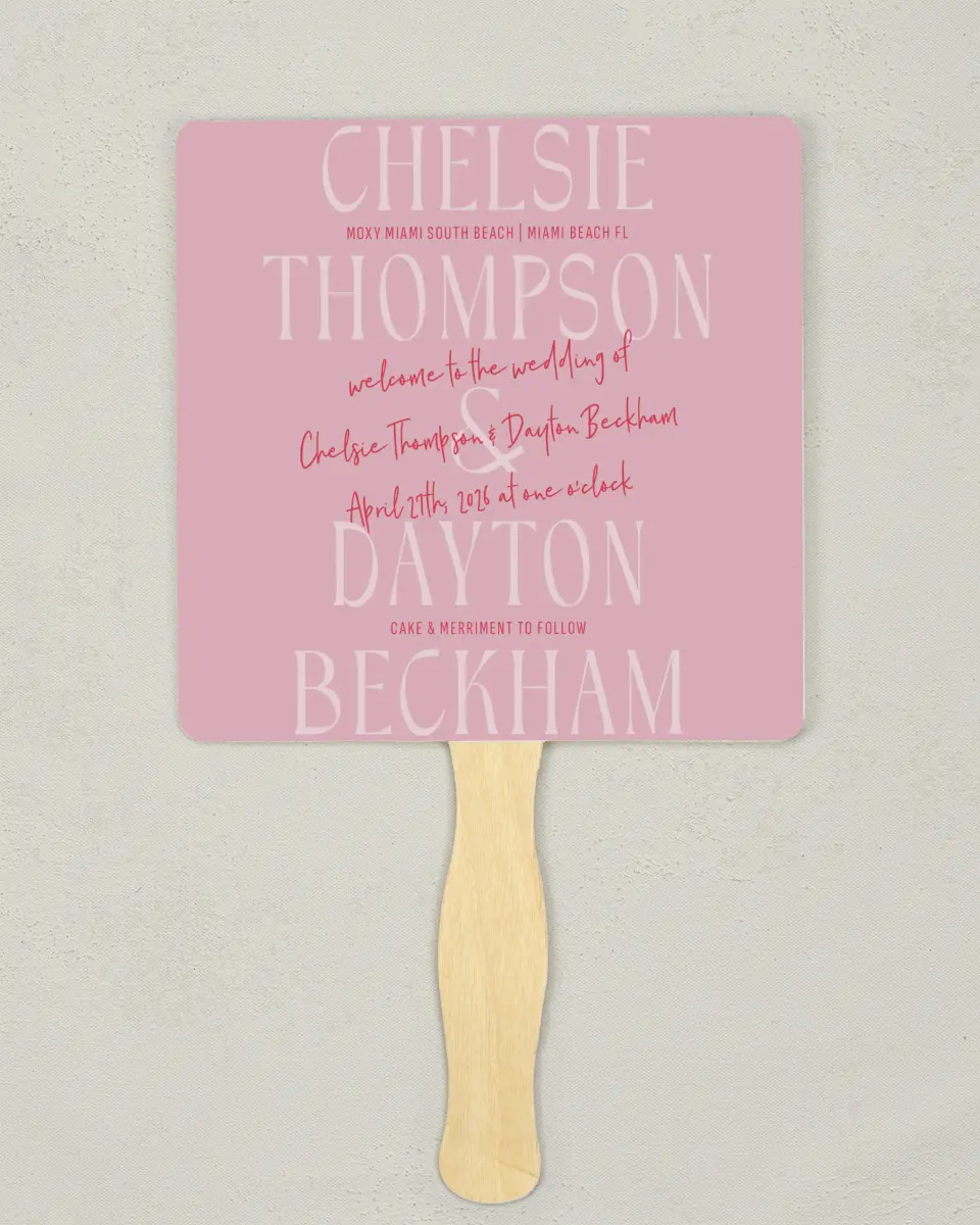 This is a 6¼" x 6¼" Wedding Program Fan called Lovey-Dovey printed in full color with Rose Gold foil on Luxe Satin (coated) paper