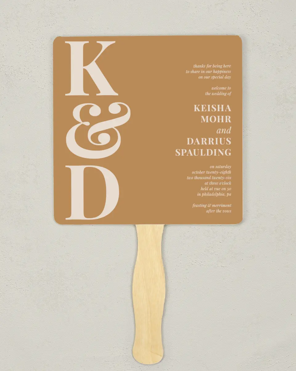 This is a 6¼" x 6¼" Wedding Program Fan called Bold Romance printed in full color with Rose Gold foil on Luxe Satin (coated) paper
