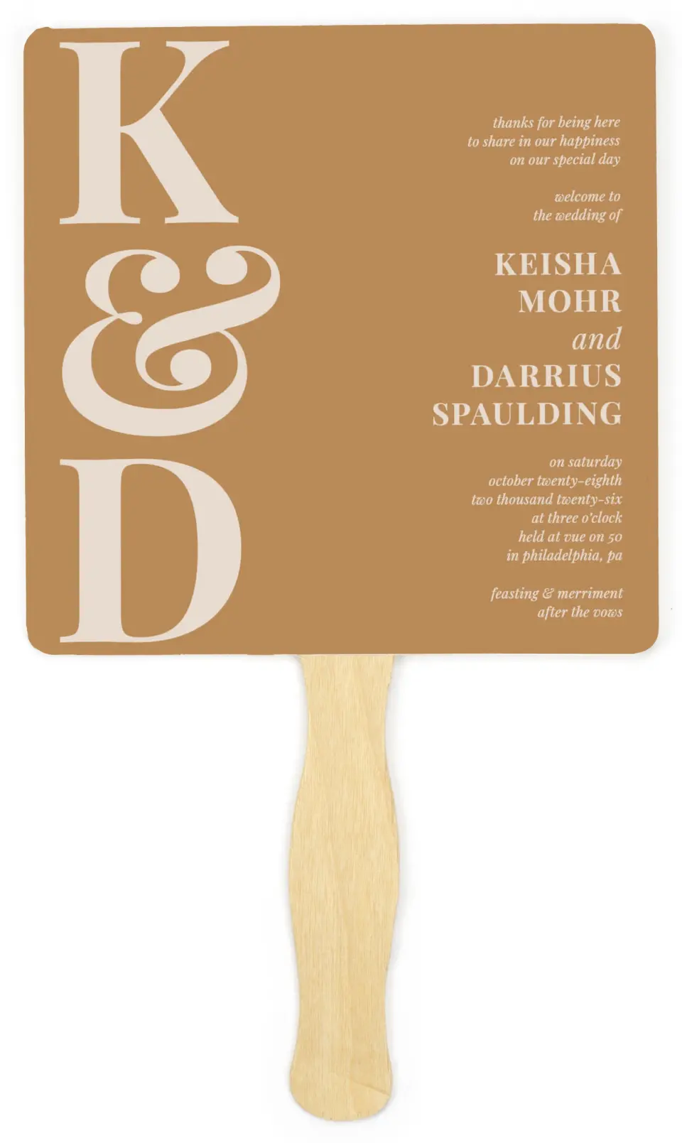 This is a 6¼" x 6¼" Wedding Program Fan called Bold Romance printed in full color on Premium Smooth paper