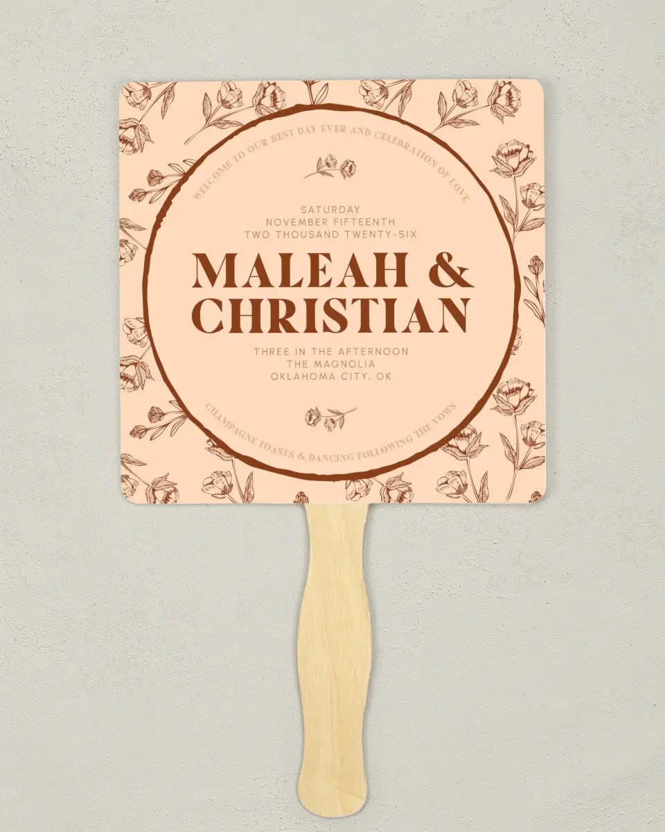 This is a 6¼" x 6¼" Wedding Program Fan called Agrestal printed in full color on Premium Smooth paper