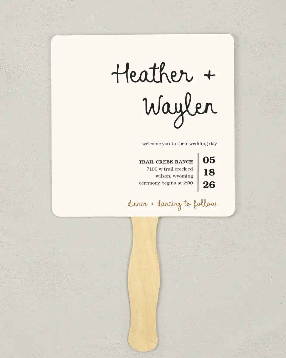 This is a 6¼" x 6¼" Wedding Program Fan called Head Over Boots printed in full color on Premium Smooth paper