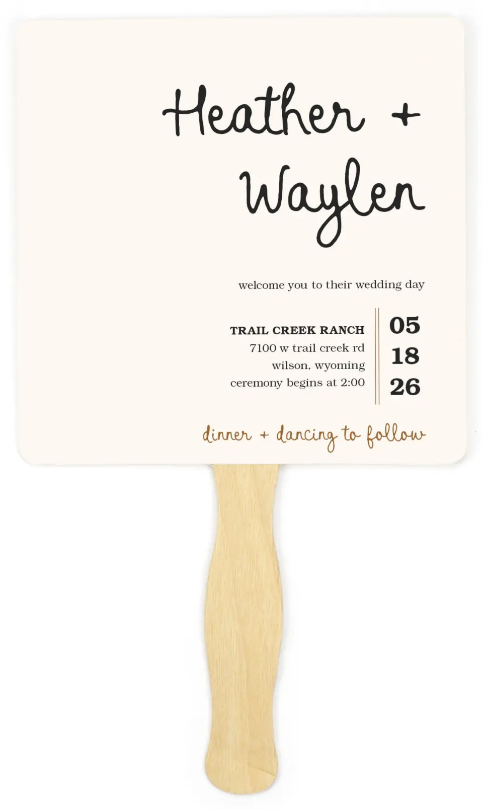 This is a 6¼" x 6¼" Wedding Program Fan called Head Over Boots printed in full color on Premium Smooth paper