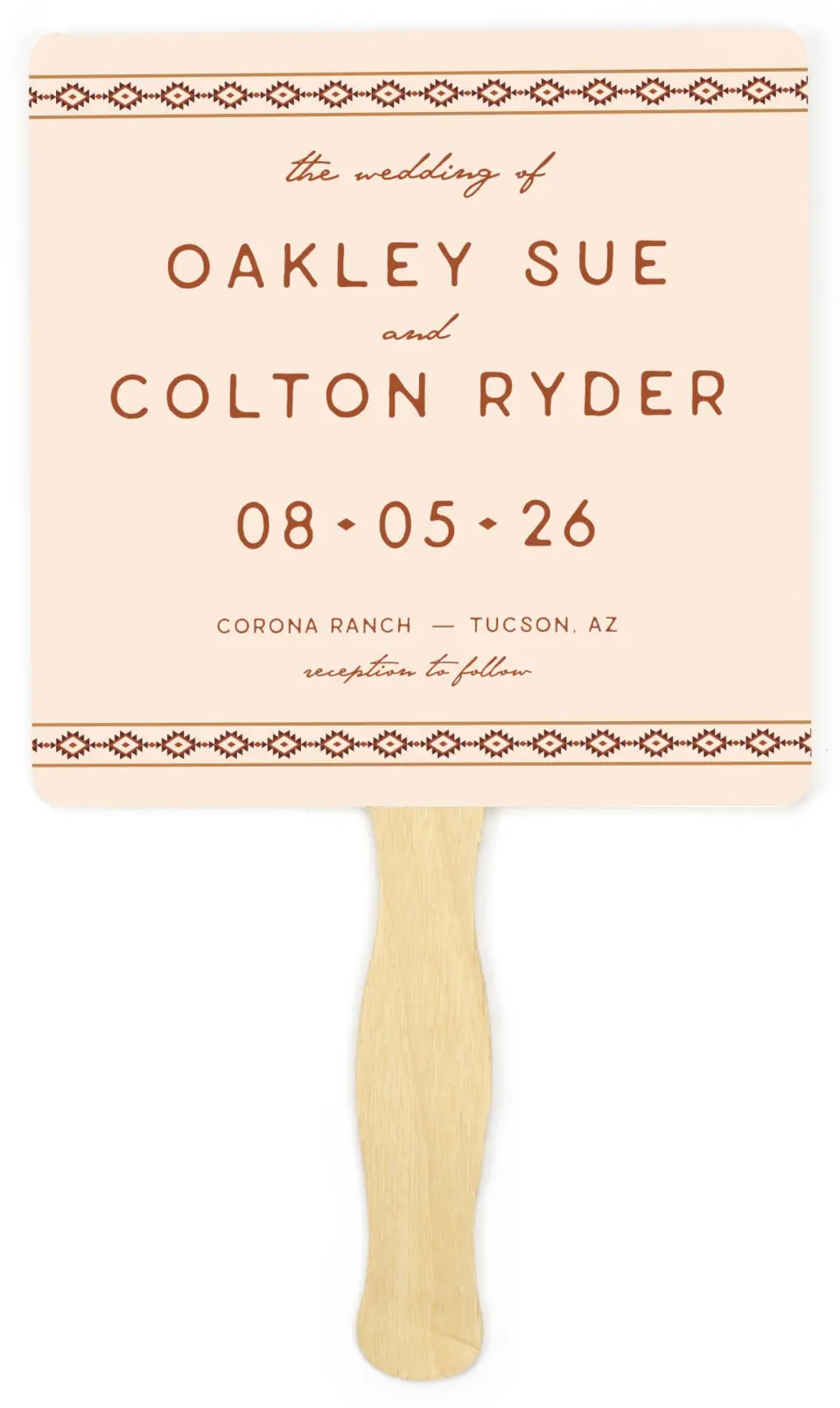 This is a 6¼" x 6¼" Wedding Program Fan called Wild at Heart printed in full color on Premium Smooth paper