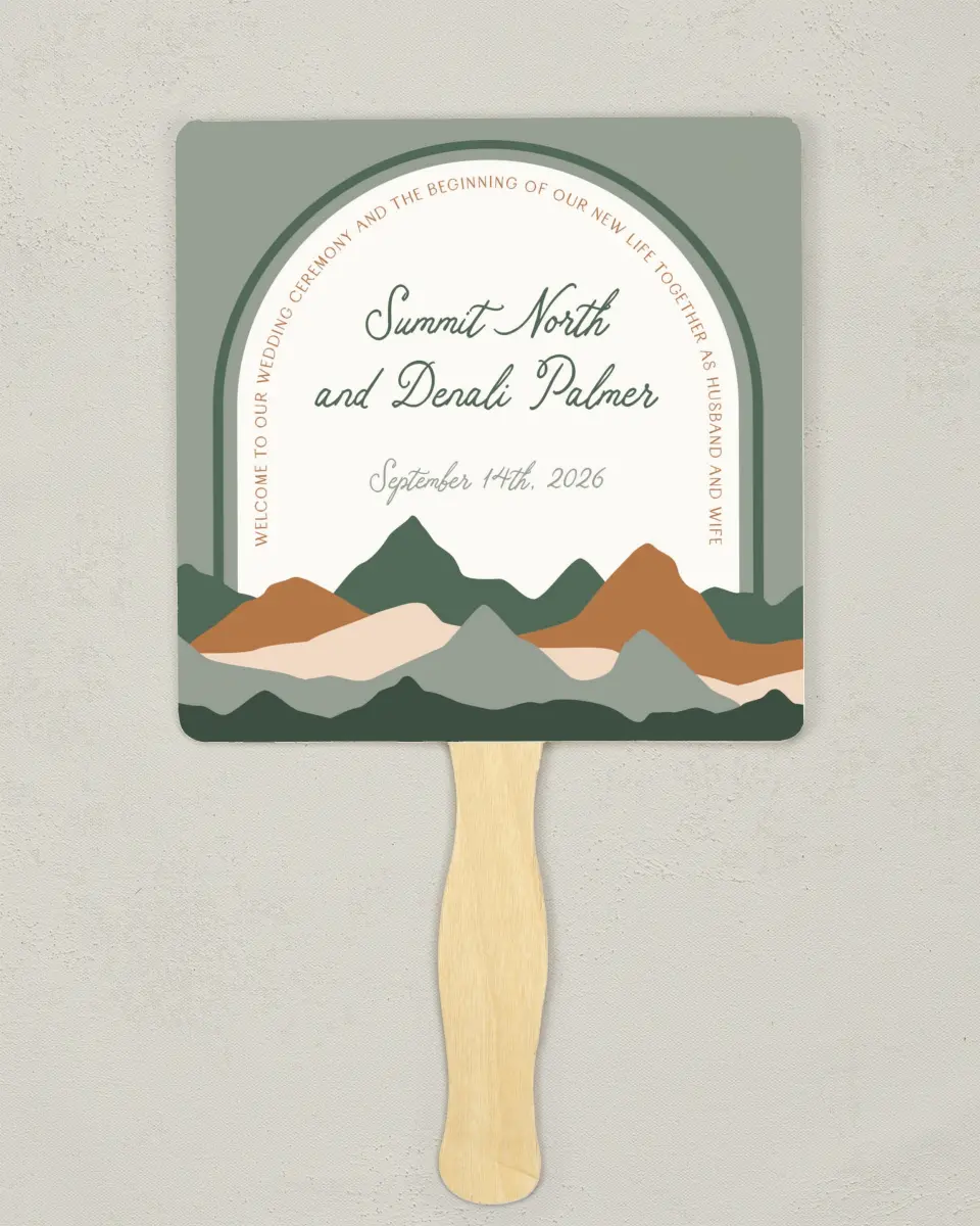 This is a 6¼" x 6¼" Wedding Program Fan called Elevated Adventures printed in full color on Premium Smooth paper
