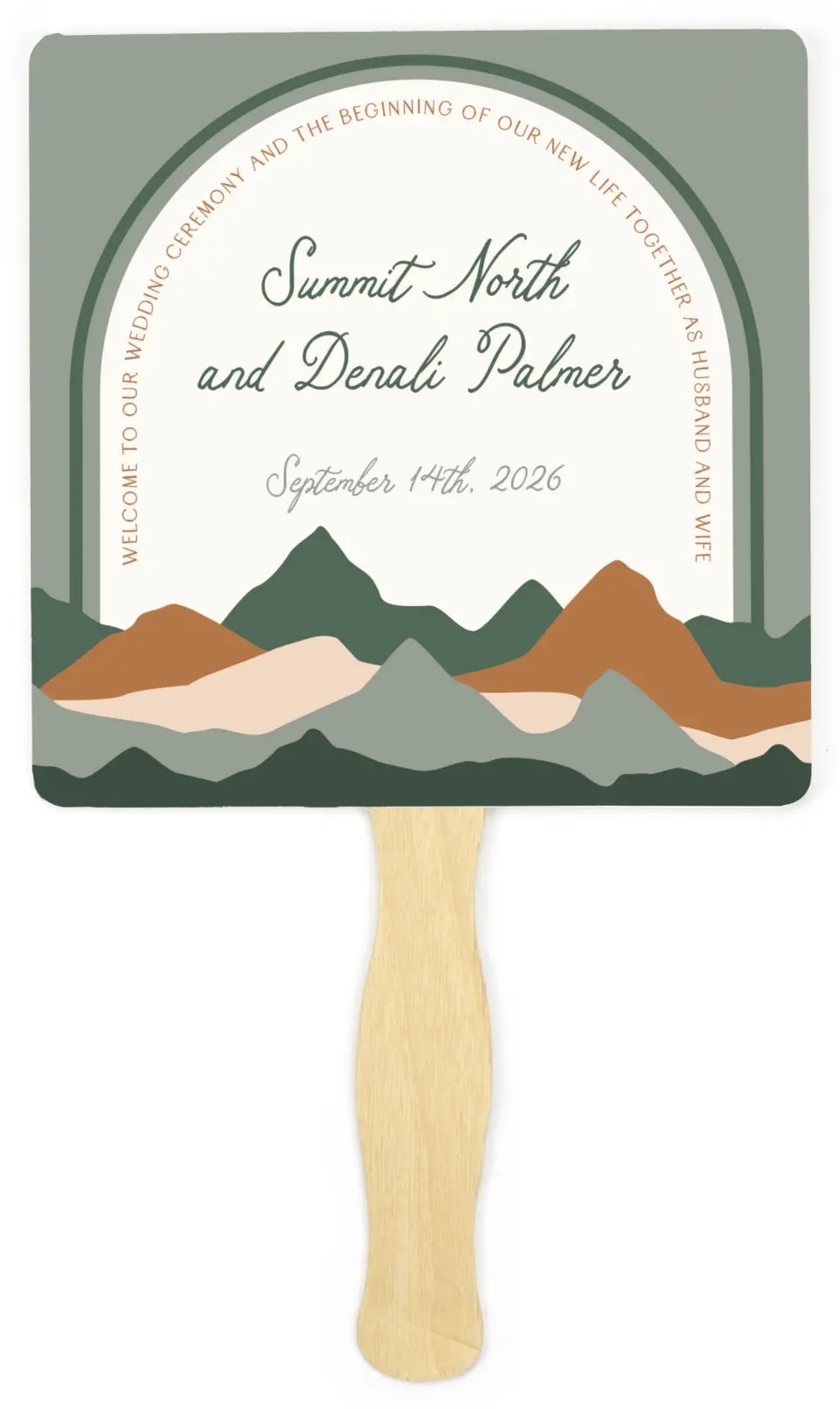 This is a 6¼" x 6¼" Wedding Program Fan called Elevated Adventures printed in full color on Premium Smooth paper