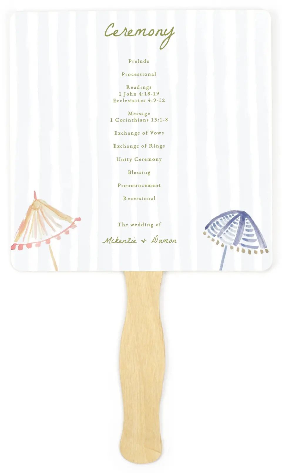 This is a 6¼" x 6¼" Wedding Program Fan called Positano Daydream printed in full color on Premium Smooth paper