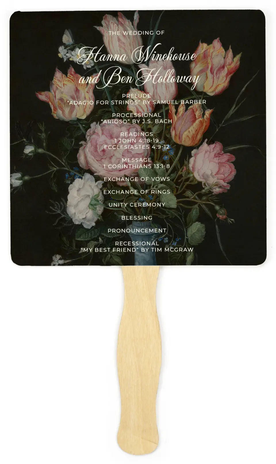 This is a 6¼" x 6¼" Wedding Program Fan called Grand Party printed in full color on Premium Smooth paper