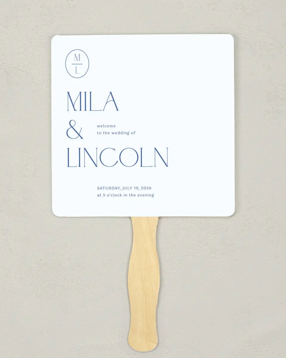 This is a 6¼" x 6¼" Wedding Program Fan called The Mila printed in full color on Premium Smooth paper