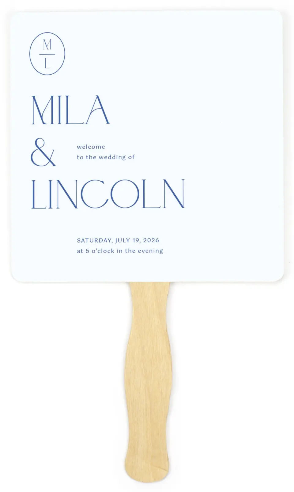 This is a 6¼" x 6¼" Wedding Program Fan called The Mila printed in full color on Premium Smooth paper