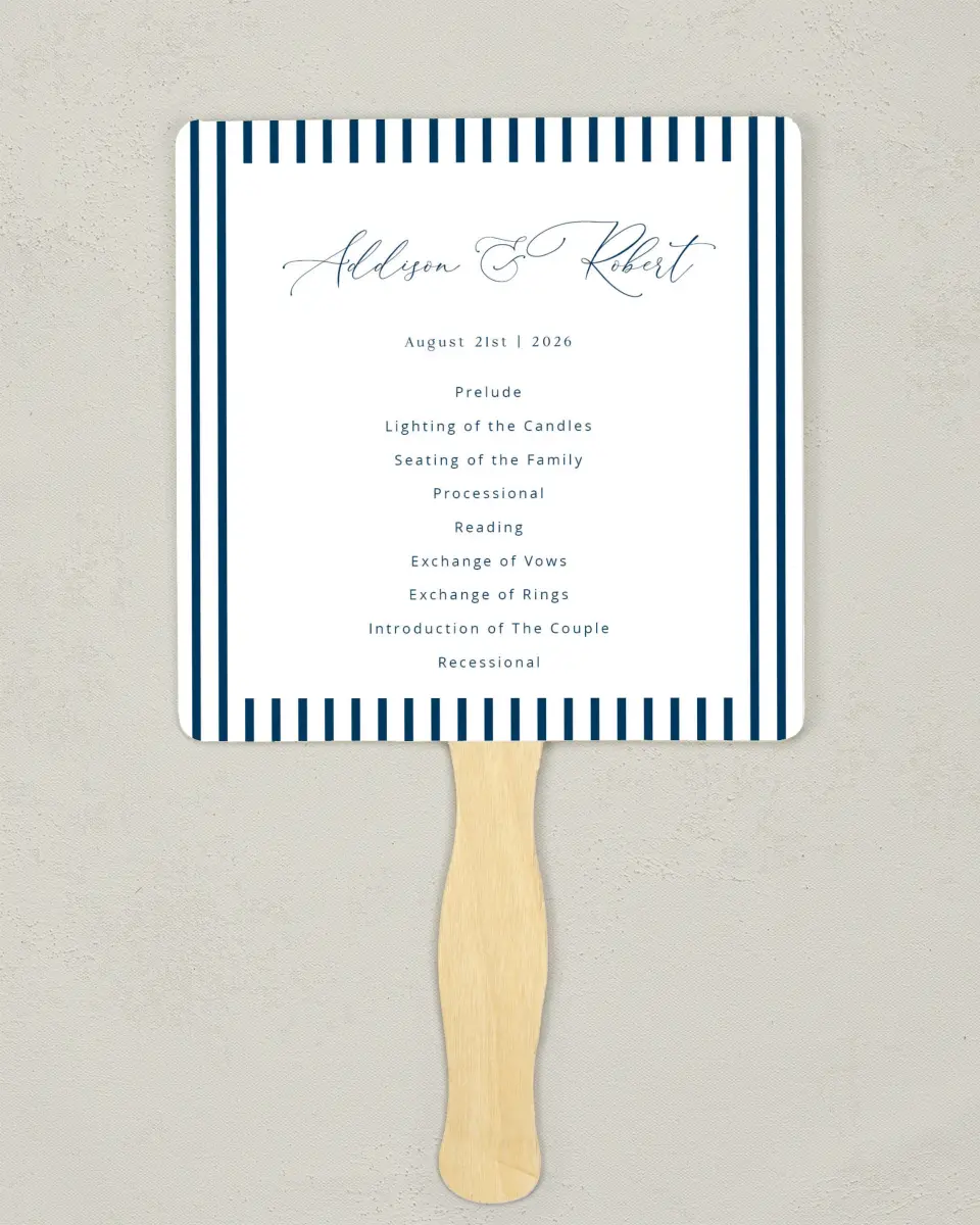 This is a 6¼" x 6¼" Wedding Program Fan called The Addison printed in full color on Premium Smooth paper