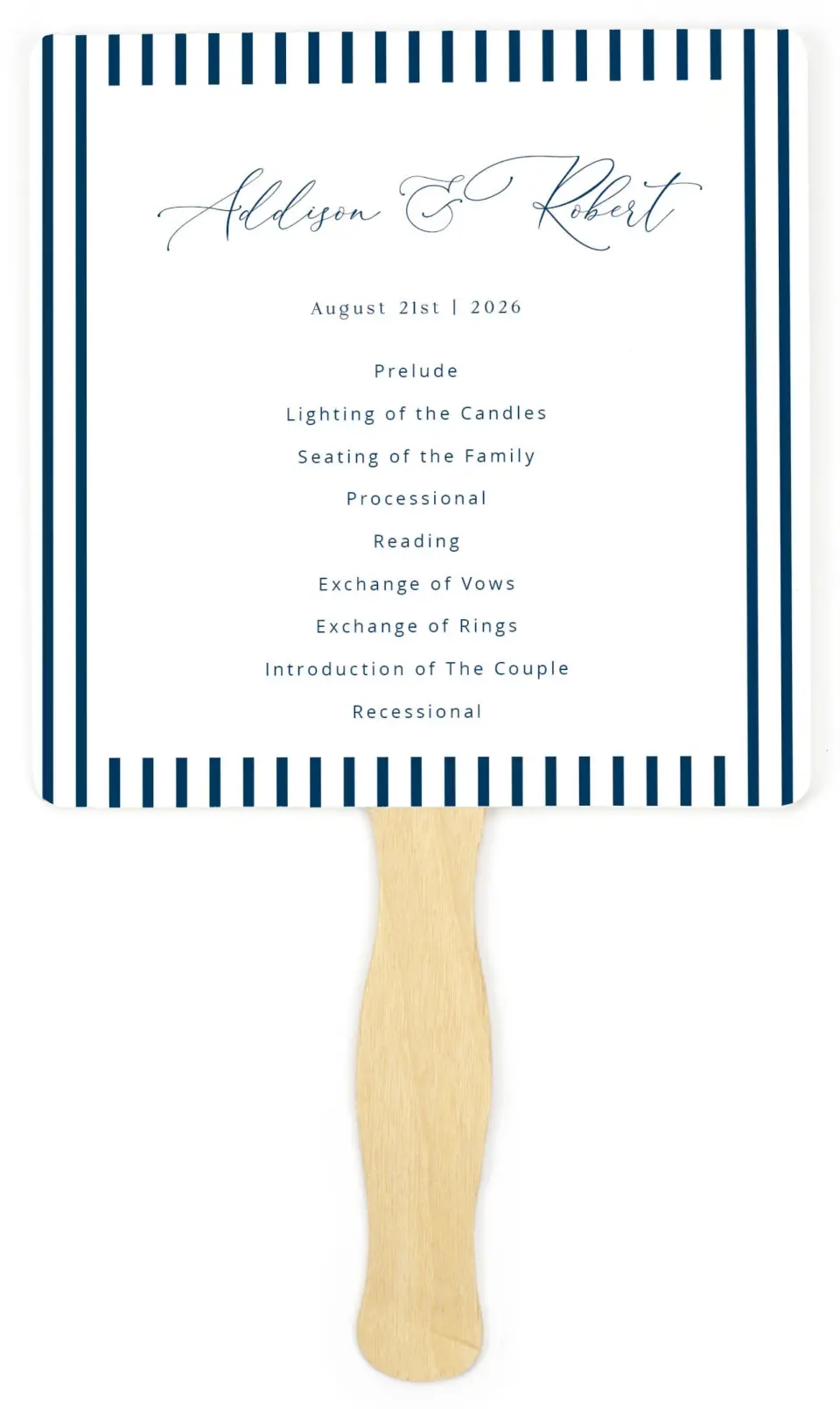 This is a 6¼" x 6¼" Wedding Program Fan called The Addison printed in full color on Premium Smooth paper