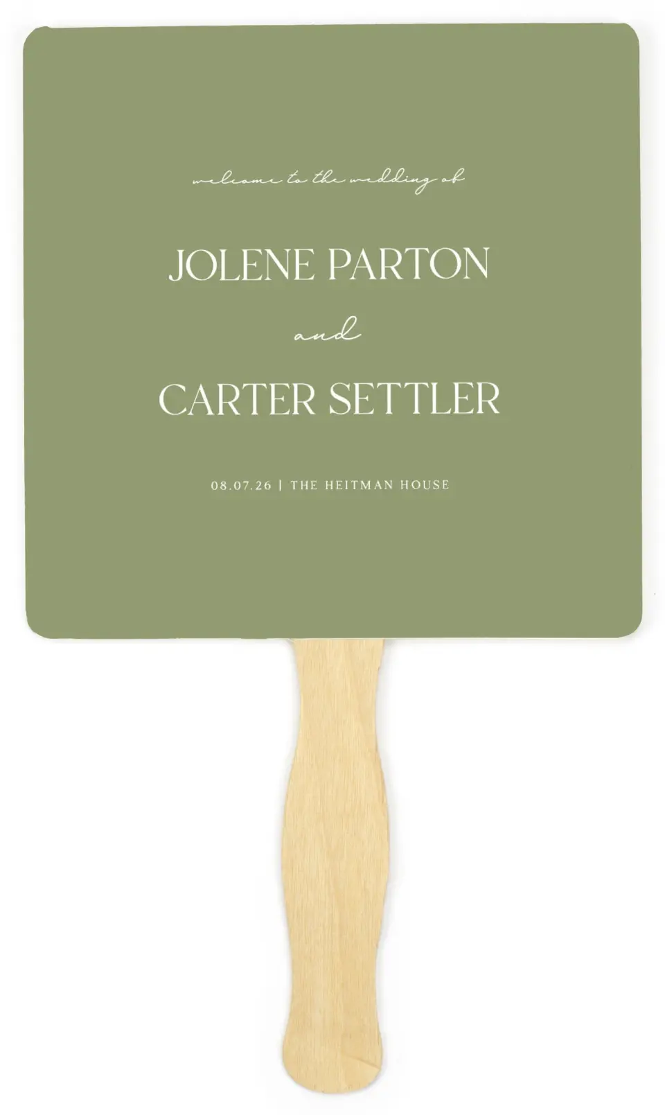 This is a 6¼" x 6¼" Wedding Program Fan called The Jolene printed in full color on Premium Smooth paper