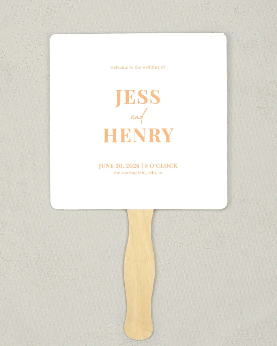 This is a 6¼" x 6¼" Wedding Program Fan called The Jess printed in full color on Premium Smooth paper
