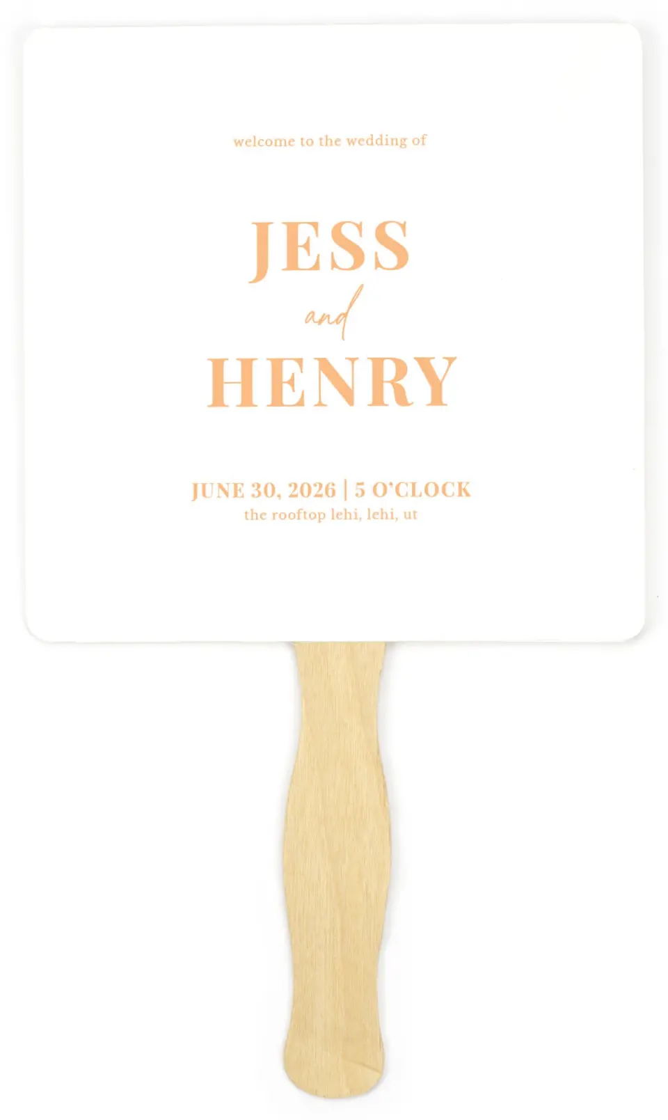This is a 6¼" x 6¼" Wedding Program Fan called The Jess printed in full color on Premium Smooth paper