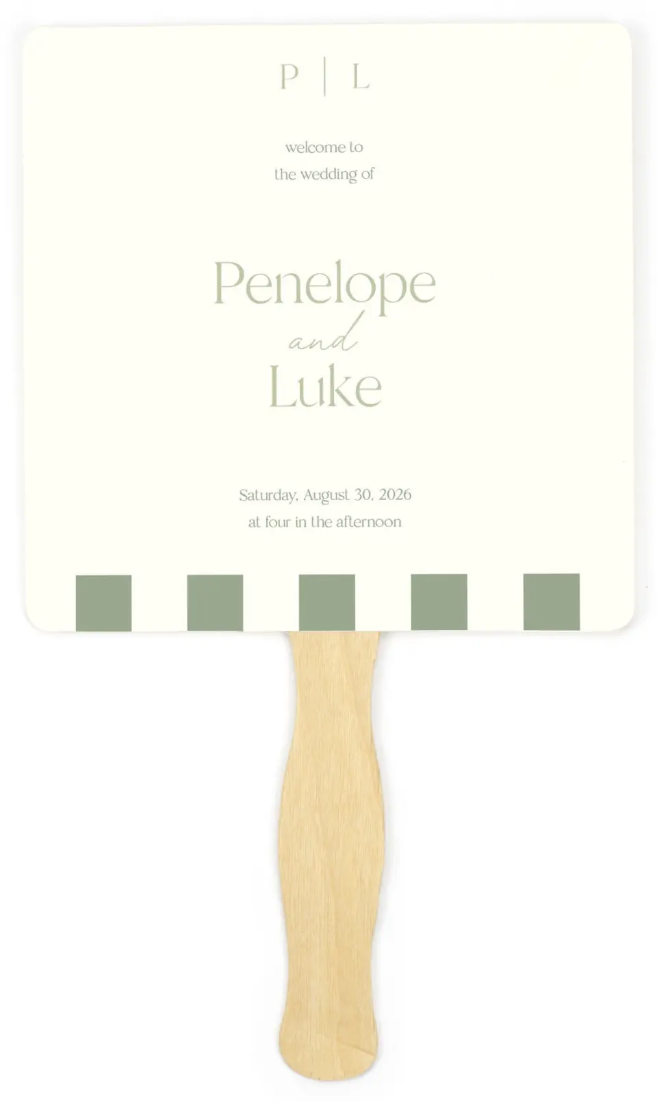 This is a 6¼" x 6¼" Wedding Program Fan called The Penelope printed in full color on Premium Smooth paper