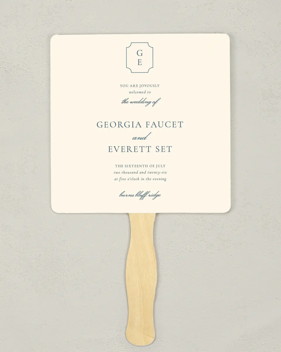 This is a 6¼" x 6¼" Wedding Program Fan called The Georgia printed in full color with Gold foil on Luxe Satin (coated) paper