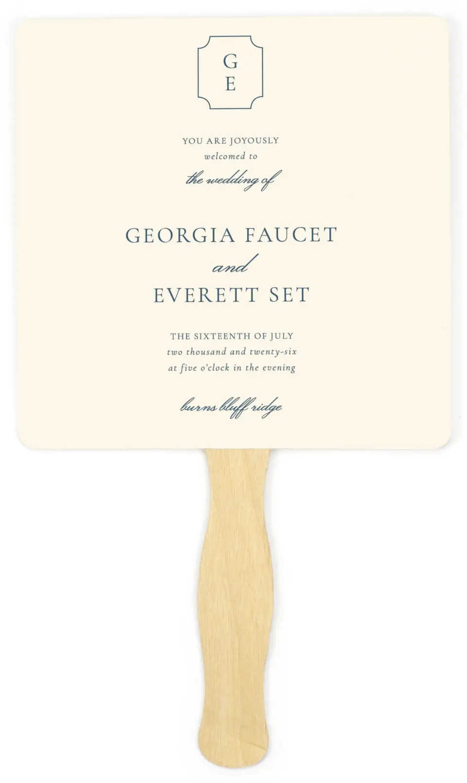 This is a 6¼" x 6¼" Wedding Program Fan called The Georgia printed in full color on Premium Smooth paper