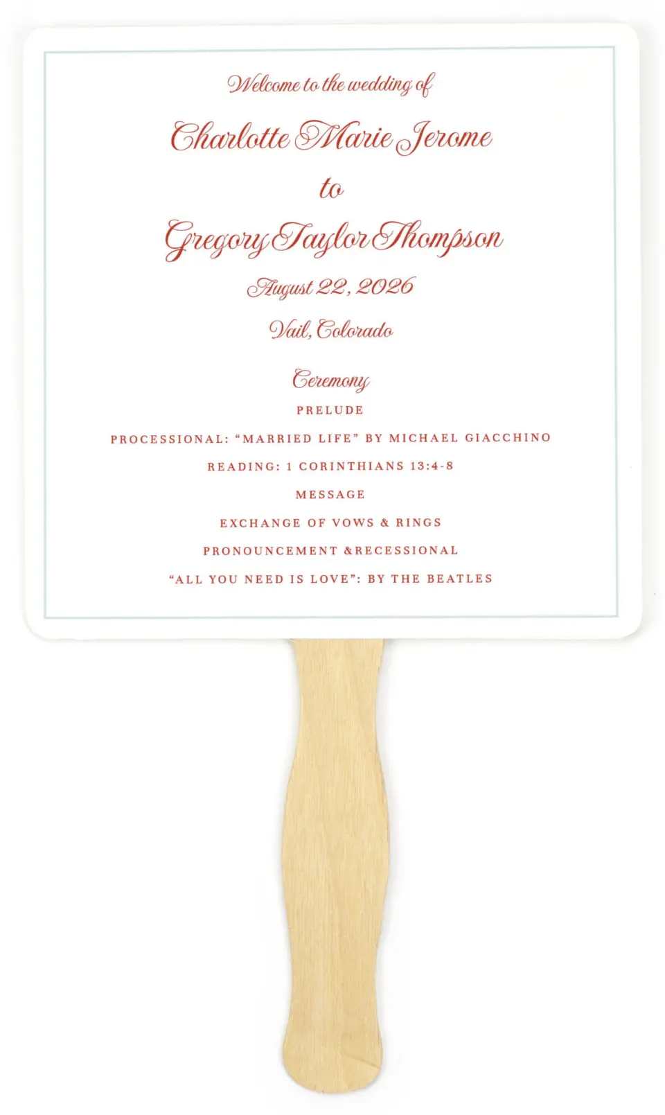 This is a 6¼" x 6¼" Wedding Program Fan called Mod Elegance printed in full color on Premium Smooth paper