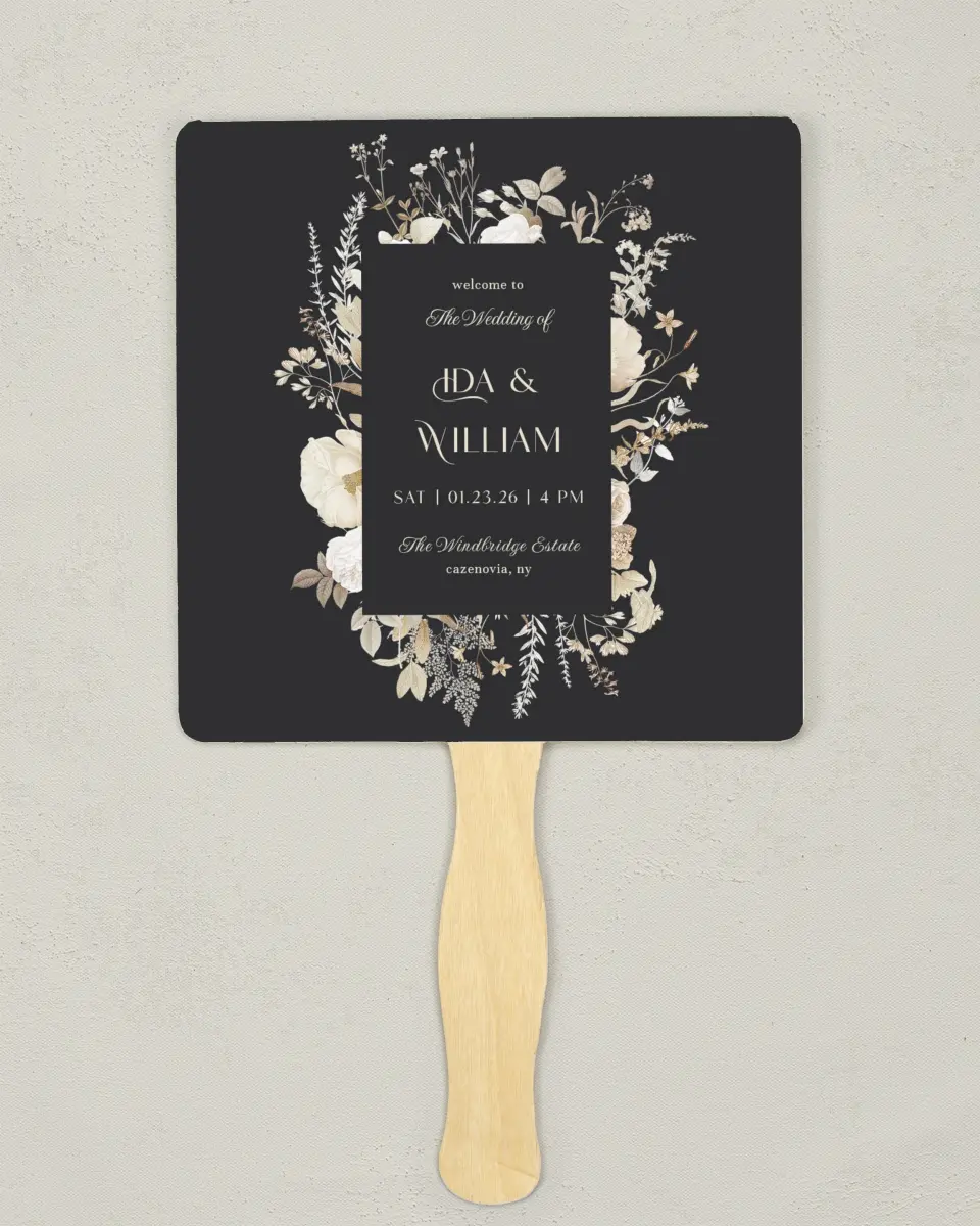 This is a 6¼" x 6¼" Wedding Program Fan called Winter Wildflowers printed in full color on Premium Smooth paper