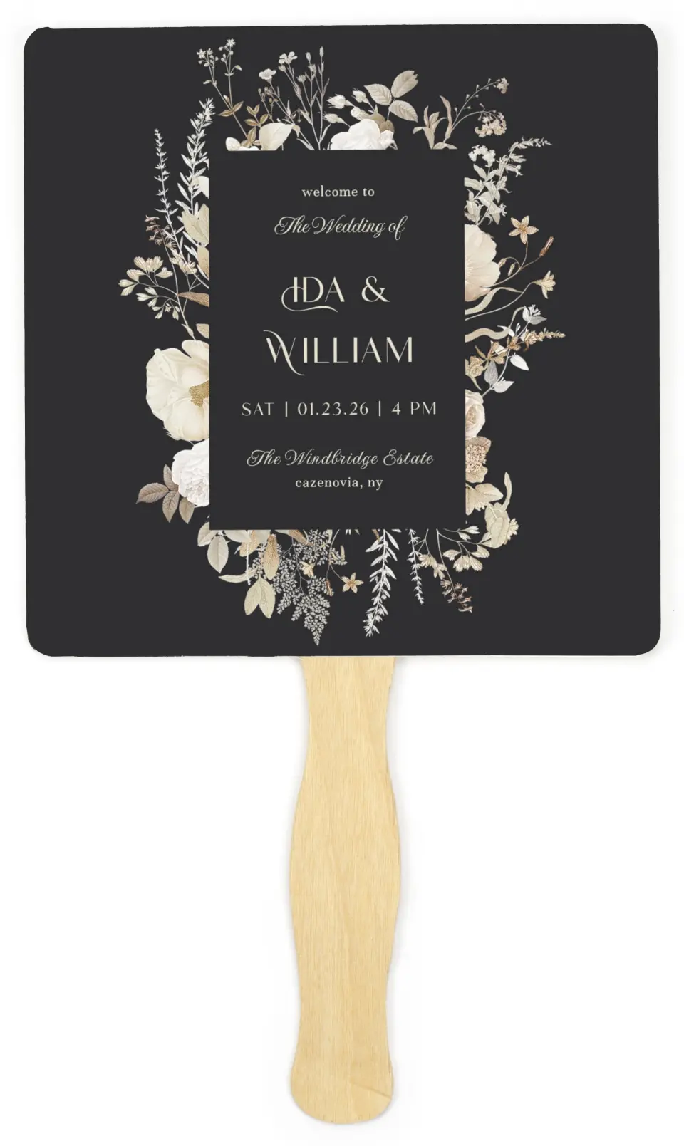 This is a 6¼" x 6¼" Wedding Program Fan called Winter Wildflowers printed in full color on Premium Smooth paper