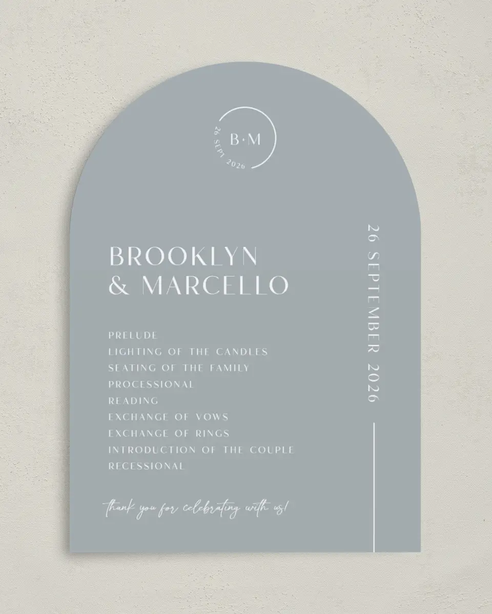 This is a 5" x 7" Arch Wedding Program called The Brooklyn printed in full color on Premium Smooth paper