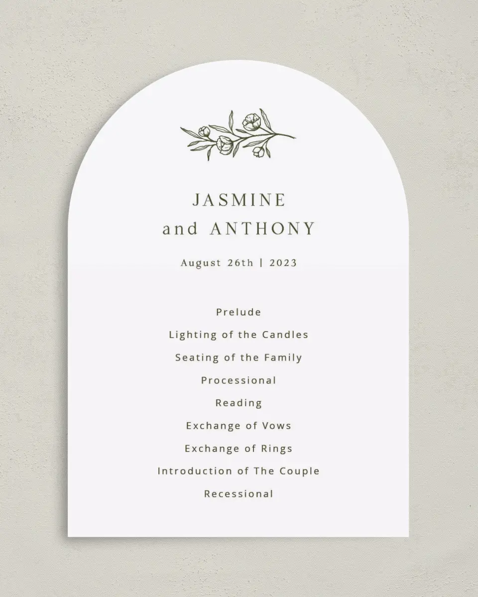 This is a 5" x 7" Arch Wedding Program called The Jasmine printed in full color on Premium Smooth paper