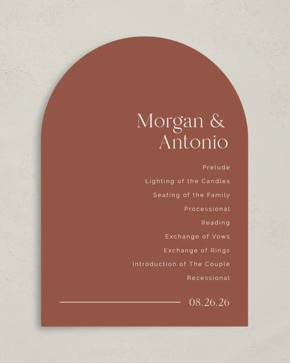 This is a 5" x 7" Arch Wedding Program called The Morgan printed in full color on Premium Smooth paper