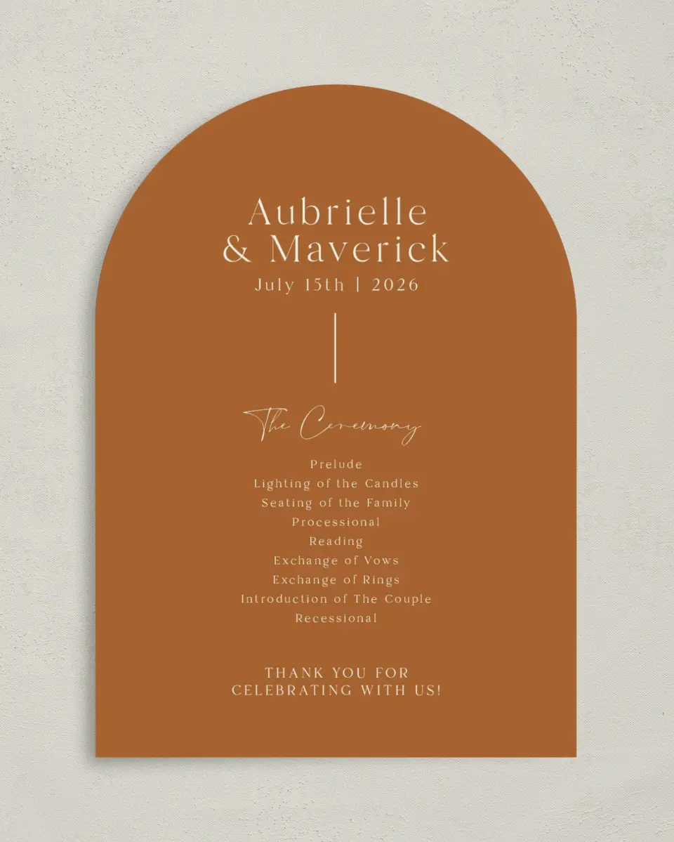 This is a 5" x 7" Arch Wedding Program called The Aubrielle printed in full color on Premium Smooth paper