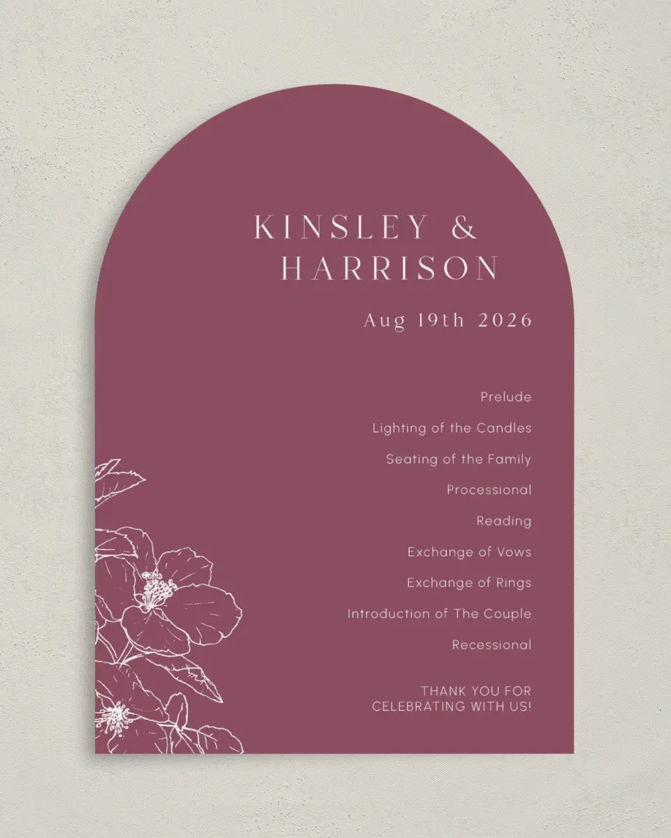 This is a 5" x 7" Arch Wedding Program called The Kinsley printed in full color on Premium Smooth paper