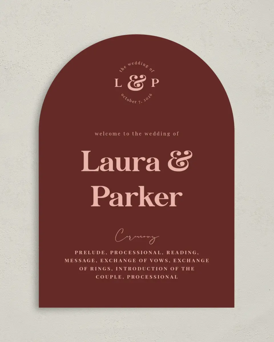 This is a 5" x 7" Arch Wedding Program called The Laura printed in full color on Premium Smooth paper