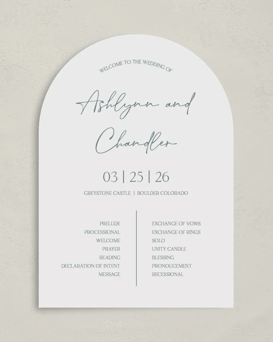 This is a 5" x 7" Arch Wedding Program called The Ashlynn printed in full color on Premium Smooth paper