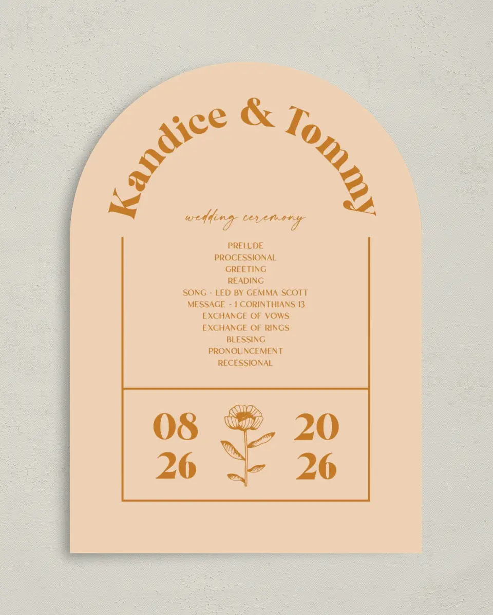 This is a 5" x 7" Arch Wedding Program called The Kandice printed in full color on Premium Smooth paper