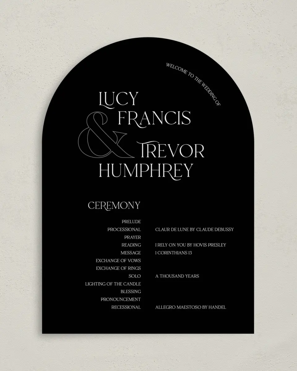 This is a 5" x 7" Arch Wedding Program called The Lucy printed in full color on Premium Smooth paper