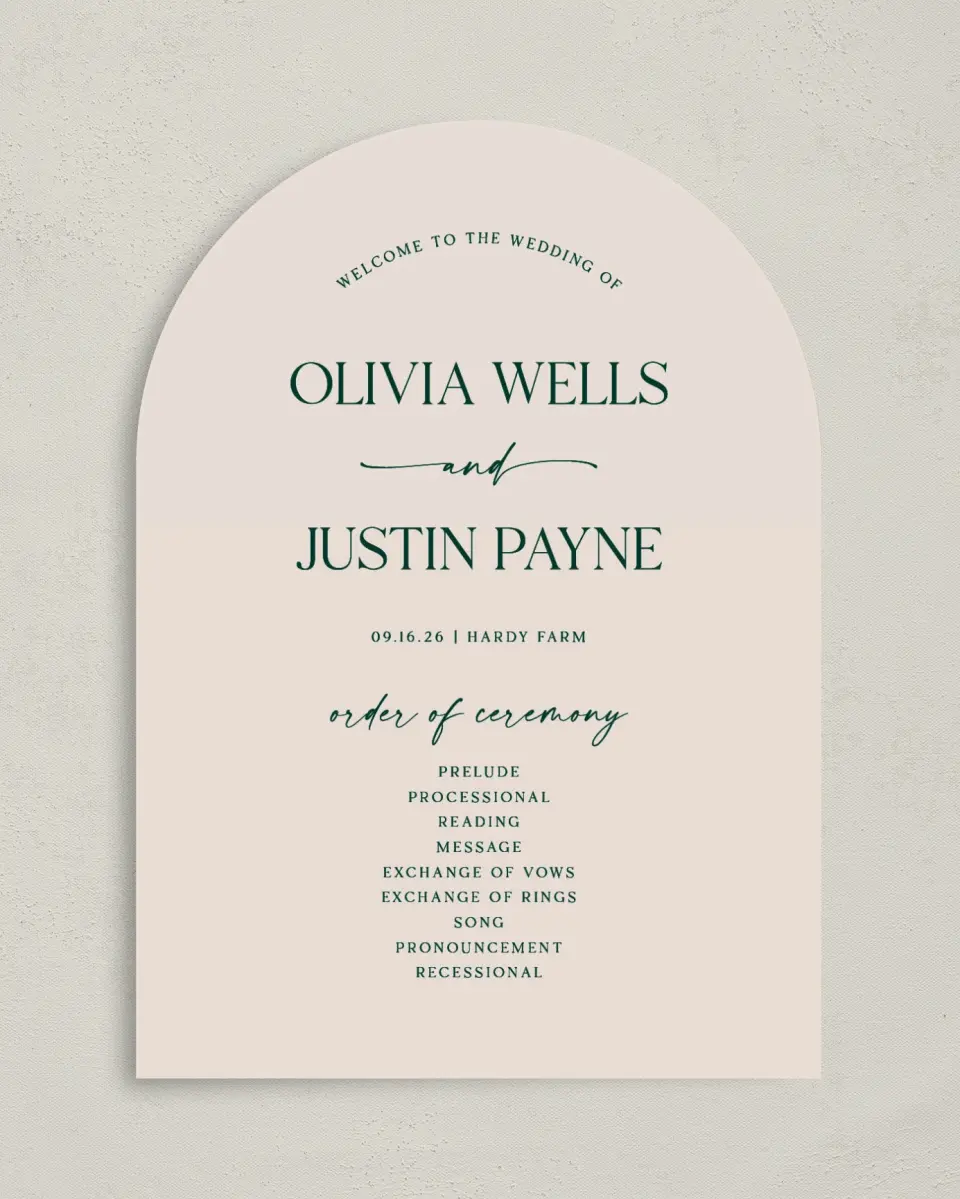 This is a 5" x 7" Arch Wedding Program called The Olivia printed in full color on Premium Smooth paper
