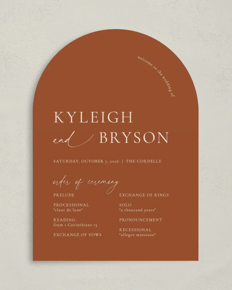 This is a 5" x 7" Arch Wedding Program called The Kyleigh printed in full color on Premium Smooth paper