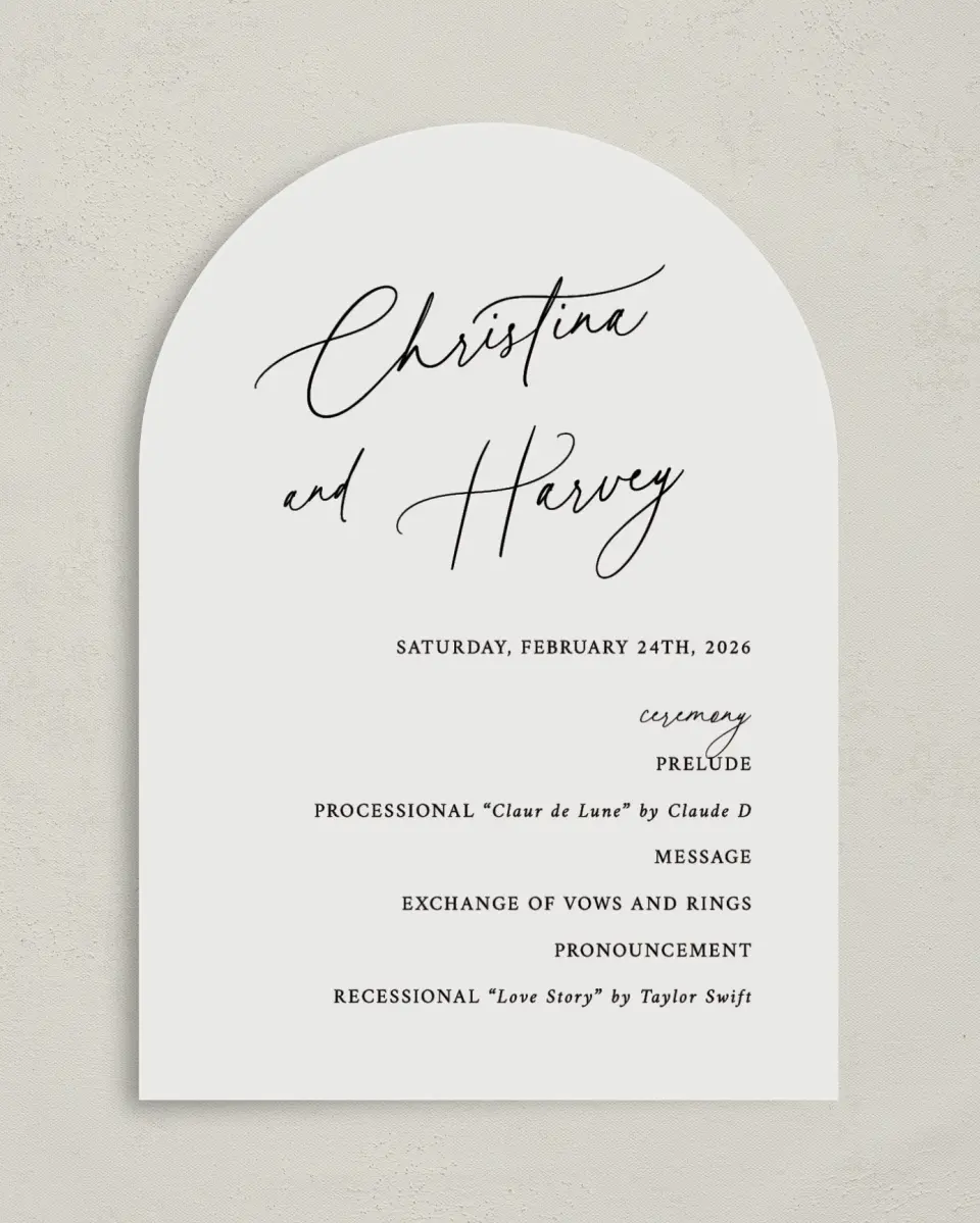 This is a 5" x 7" Arch Wedding Program called The Christina printed in full color on Premium Smooth paper