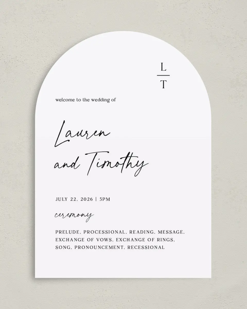 This is a 5" x 7" Arch Wedding Program called The Lauren printed in full color on Premium Smooth paper