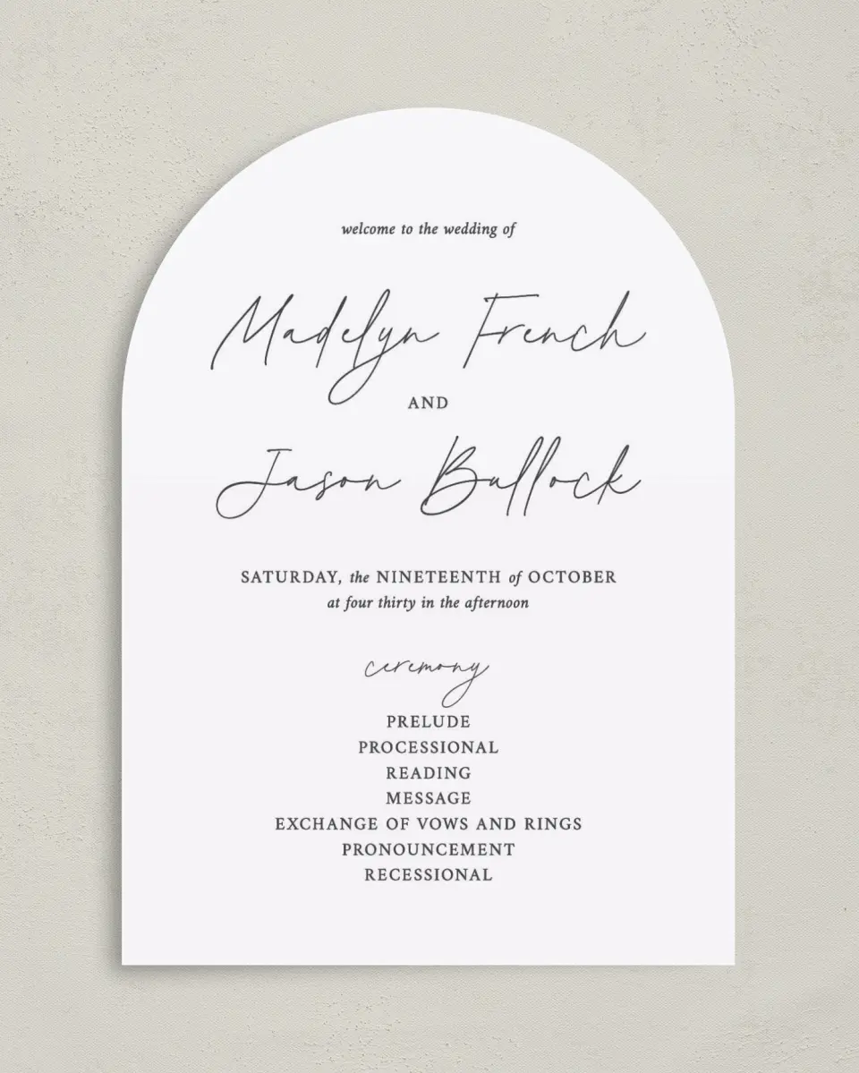 This is a 5" x 7" Arch Wedding Program called The Madelyn printed in full color on Premium Smooth paper