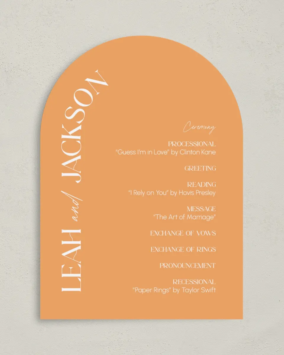 This is a 5" x 7" Arch Wedding Program called The Leah printed in full color on Premium Smooth paper