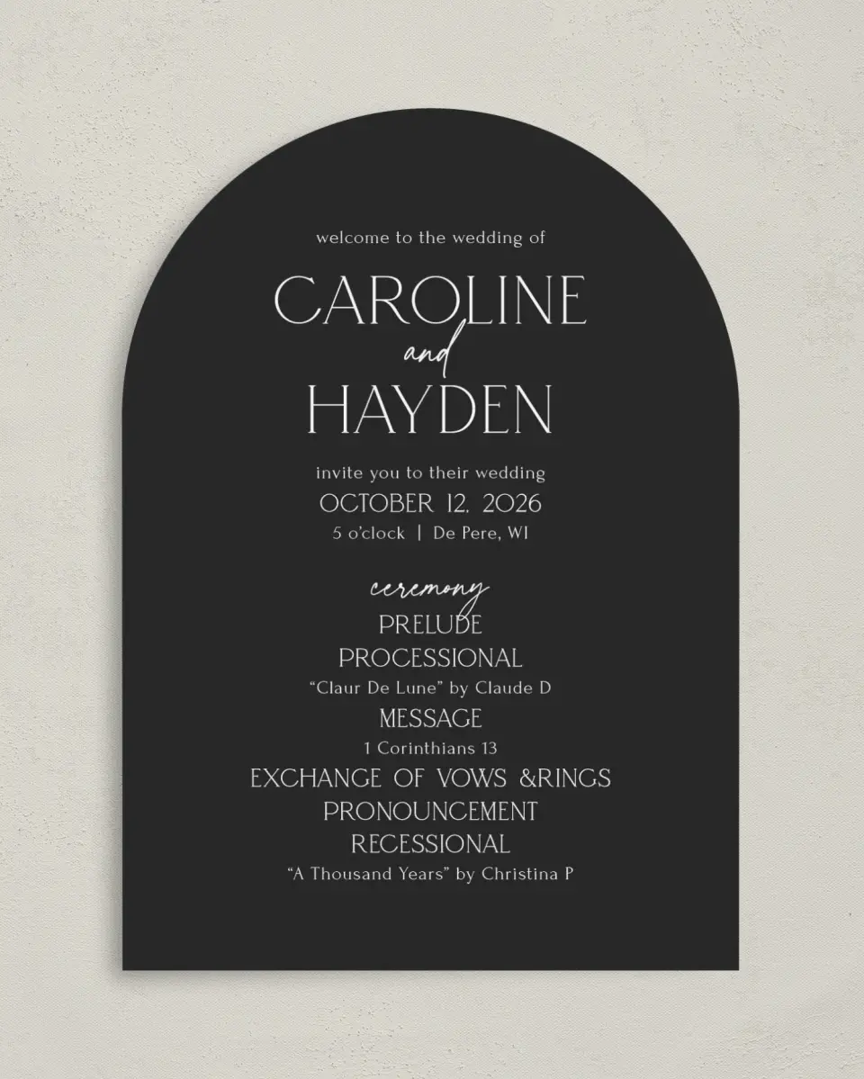 This is a 5" x 7" Arch Wedding Program called The Caroline printed in full color on Premium Smooth paper